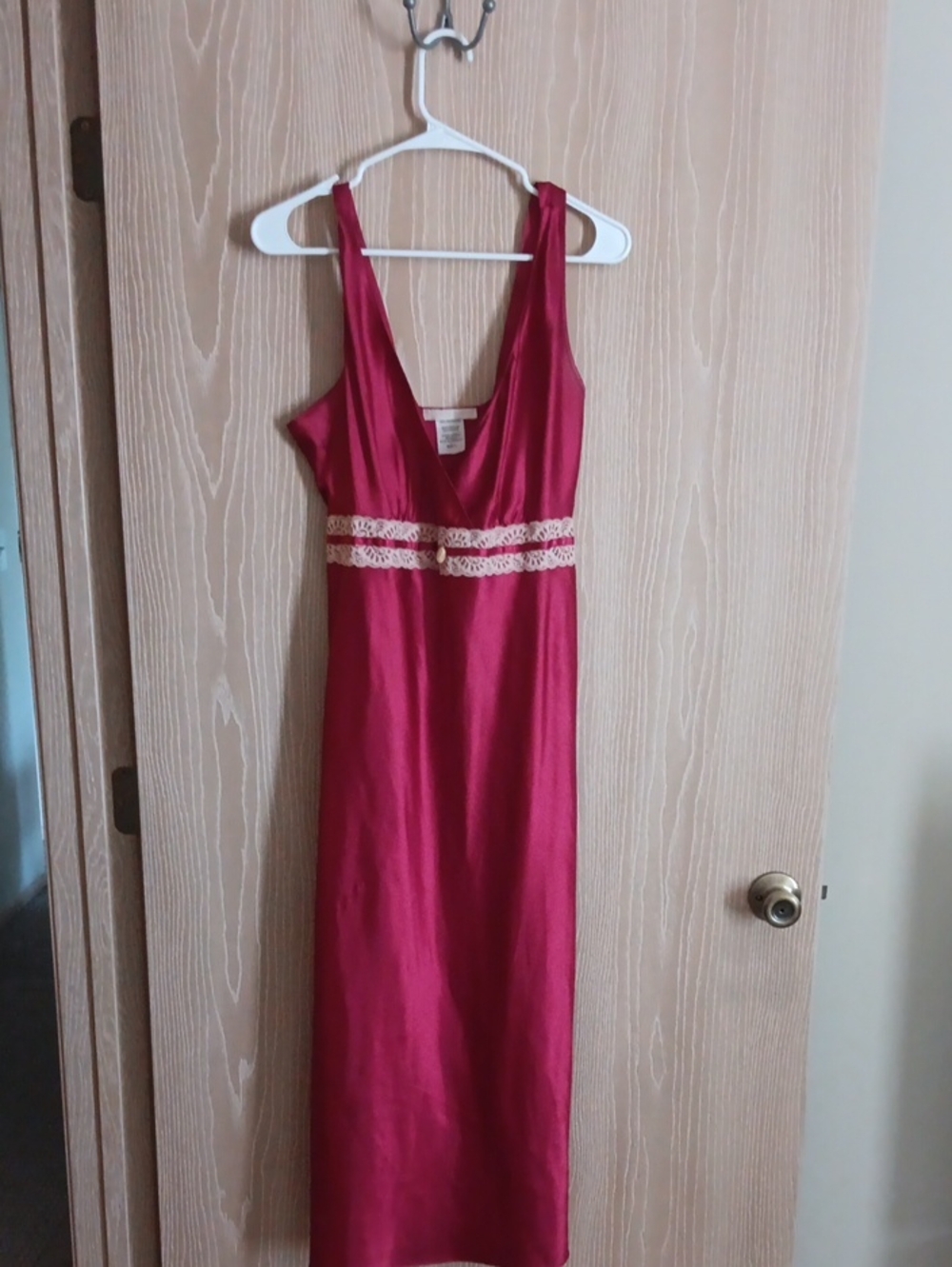 Vintage Red Satin Chemise with Lace Trim - Women’s Sleepwear